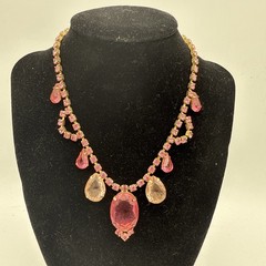 Vintage Art Deco Era Huge Raised Pink Faceted Oval Rhinestone Link Necklace