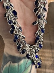 Vtg Sterling Silver 925 Blue Cabochon Stone Statement Necklace, 21in Long