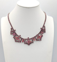 Vintage Pink Rhinestone Necklace Crystal Choker Bib Mid Century Glam 15″