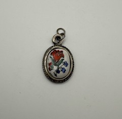 Vintage Ceramic Floral Pendant Silver Tone