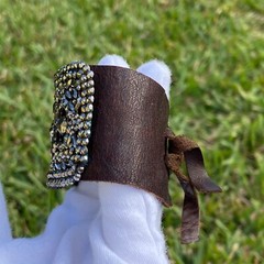 Antique Cut Steel Artisan Redesigned Shoe Buckle Clip On Thick Leather Bracelet