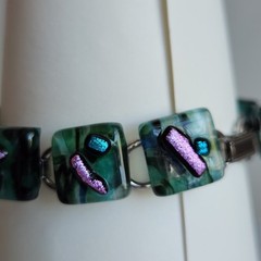 Handcrafted Dichroic Fused Glass Bracelet | Square Links | Blue-Green