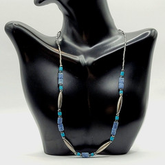 Southwestern Style Multi Color Blue Stone and Metal Vintage Necklace 17 Inch
