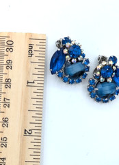 Vintage JULIANA Earrings D&E Blue Art Glass Rhinestone Clip Verified 5509