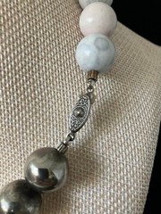 Vintage Polished Stone Necklace Pastel Blue Silver Tone Beaded