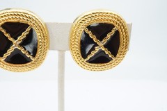 Vintage Clip On Earrings Gold Tone Black Enamel