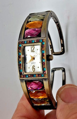 “Vintage” Quartz Spring, Ladies Gold Tone Jeweled Cuff Bracelet Analog Watch.