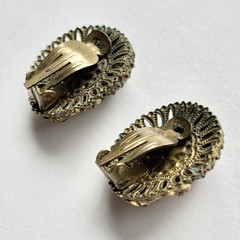 Green Porphyry Glass Cabochon Brass West Germany Vintage Clip On Earrings
