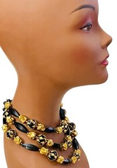 VTG DEAUVILLE LUCITE BLACK GOLD TRIPLE STRAND BEADS METAL SIGNED NECKLACE 12-14”