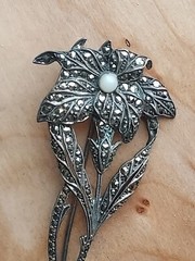 Antique Markasite Flower brooch with Akoya pearl- 800 Silver