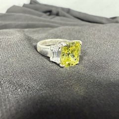 Vtg Y2K 925 Silver Emerald Cut Ring Sz 6.25 CZ Trilogy Yellow Stone Glam