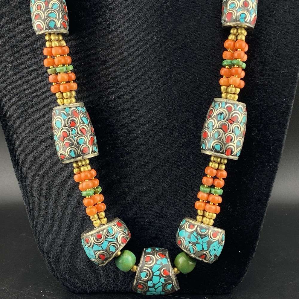 Beautiful Handmade Nepali Jewellery Turquoise Coral & Brass Beads Necklace