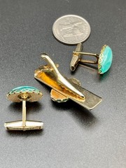 Vintage Gold Tone Aqua Mint Swirl Lucite Cufflinks Tie Bar Set 1950s MCM