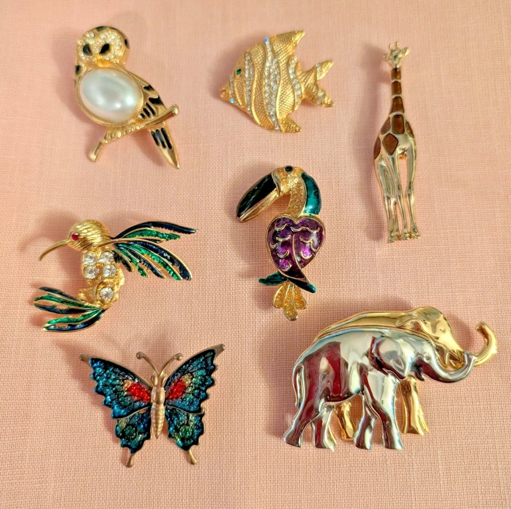 Lot Of 7 Vintage Brooches Animals Birds Rhinestone Enamel Charming Good Quality!