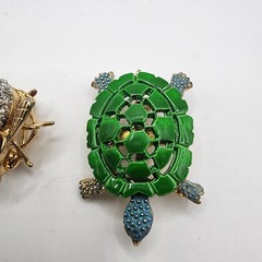 Vintage Brooch Set Turtle & Fly Bee Bug Pins Enamel Animal Rhinestone Gold Toned