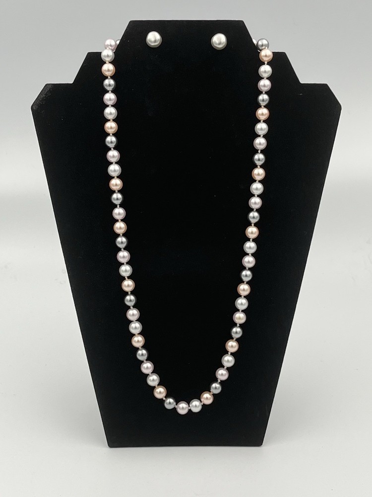 Vintage Gray and Pink Bead Necklace 6 mm with 9 mm earrings
