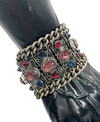 VTG/ANTIQUE Czech open-work silver-tone Mogul rhinestone chain Chunky bracelet