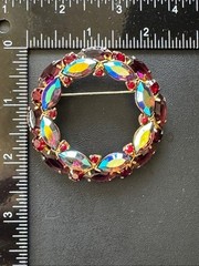 VTG Tiered Wreath Brooch Red Aurora Borealis Marquise Rhinestone Pin