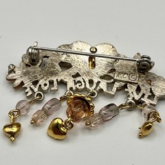 Vintage Garden Floral Heart Dangle Brooch Pink Bead Charm Statement Pin Signed