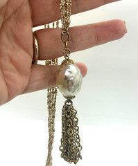 Vintage Faux Baroque Pearl Pendant Necklace Gold Tone Opera Length