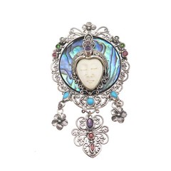 925 Sterling Vintage Real Abalone Shell & Multi-Color Gem Goddess Slide Pendant