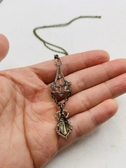 Vintage Egyptian Revival Art Nouveau Lavalier Filigree Scarab Beetle Necklace