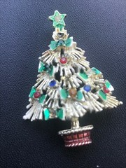 Vintage Unusual White Enamel w Green Bows & Red Yellow & Blue Rhinestones Christ