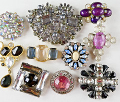 Plastic PIN BROOCH Collection 10 Piece Acrylic Lucite Multi Color Stones Large
