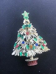 Vintage Unusual White Enamel w Green Bows & Red Yellow & Blue Rhinestones Christ