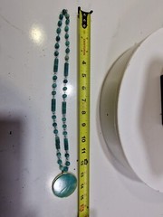 Vintage Polished Blue Stone Pendant Beaded Necklace 26″ in, Carved Sun, *111t