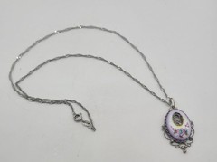 Vtg Soviet Hand Painted Enamel Rostov Finift Floral Pendant 18″ Necklace