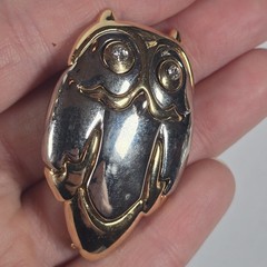 3 Vintage OWL Pin Brooch Lot: Gold Tone Green Belly, Rhinestones, Liz Claiborne