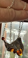 Vintage 17” Sterling & Amber Brutalist Necklace / Amazing!!