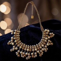 Y2K Bib Fringe Necklace Egyptian Revival Faux Pearl Gold Tone Victorian Vintage