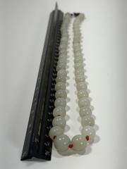 Vintage Chinese Red Knot Celadon Jade Bead Necklace 24” W/ Silver Clasp