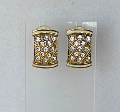 Vtg Pavé Rhinestone Pierced Earrings 1″x5/8″ Posts Enamel Gold Tone 1980s-1990s