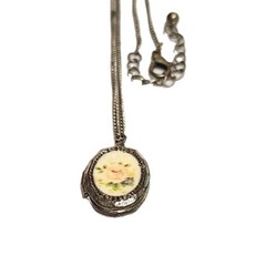 Vintage Pink Rose Resin Oval Locket Pendant Necklace Silver Tone Flower Retro