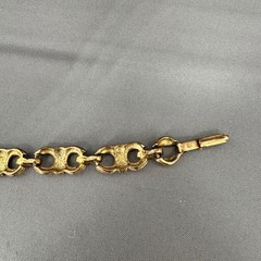 Vintage Gold Tone Rhinestone Scroll Link Bracelet 7.5 Inch Fold Over Clasp