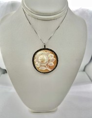 Vintage Carved Shell Rose Cameo Pin Brooch Pendant High Relief 800 Silver Frame
