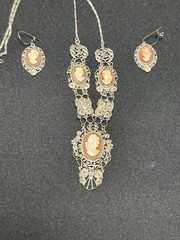 Vintage 800 Silver Filigree Cameo Parure Necklace & Earrings