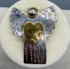 Vintage Mexico 925 Sterling Silver & Brass Angel Heart Pin Brooch Pendant 13.57g