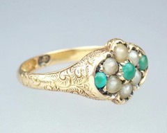 Pretty Antique Victorian 15K Gold Turquoise Pearl Floral Engraved Ring 1869 5.75