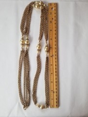 Vintage 54″ Multi Chain Necklace Faux Champagne Pearls Rhinestones Germany