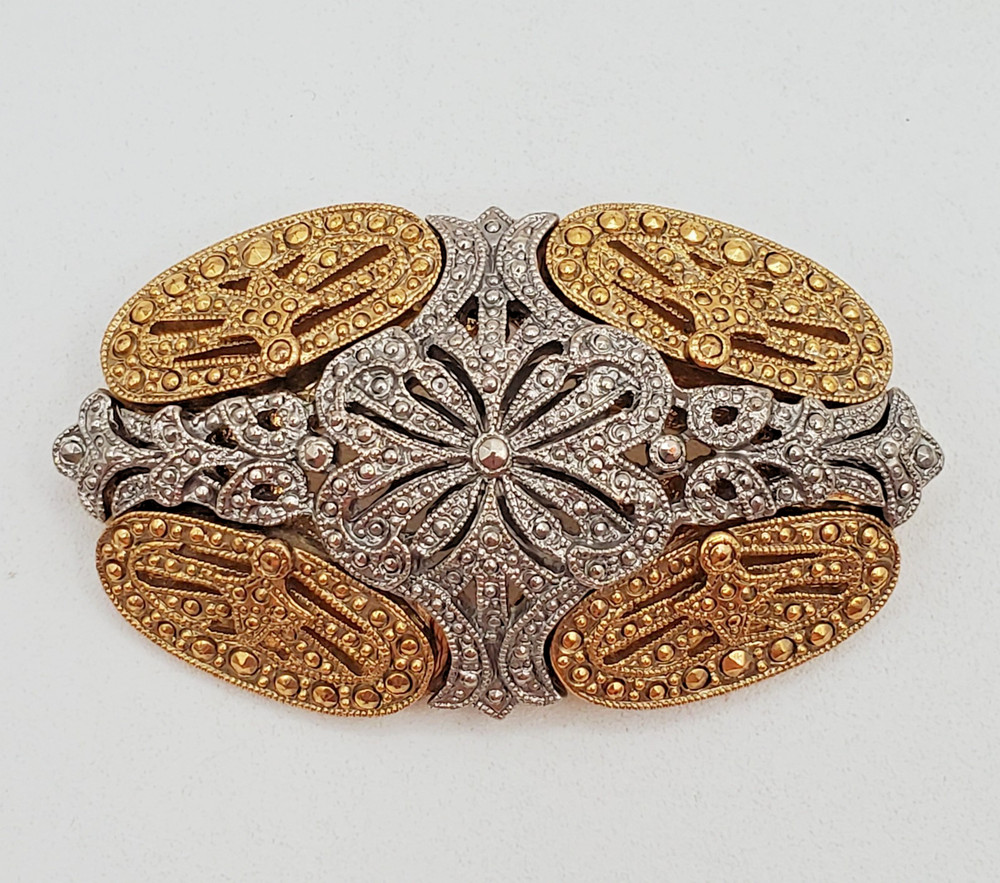 VTG Art Deco Style Brooch 2.5in Two Tone Filigree Domed Openwork Heavy 3D Estate