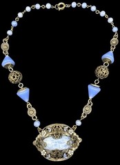 Czech Art Nouveau Deco Periwinkle Cornflower Blue Opine Glass Floral Necklace
