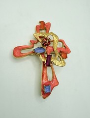 Vintage Christian Lacroix Cross Pendant Brooch Orange Enamel Rhinestone COA Made