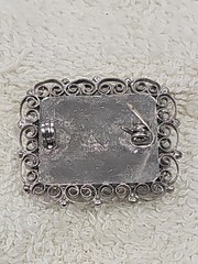 Micro Mosiac Brooch Pin Flower Pattern Green & Silver Made in Italy filigree