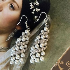 Vintage Faux Pearl & Glass Rhinestone Ribbon Dangle Earrings – Silvertone – 2.5”