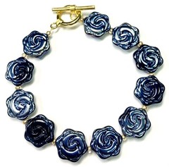 Artisan Toggle Bracelet Molded Glass Flower Black Iridescent Oil Slick AB 8.5 in