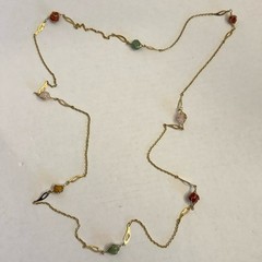 Vintage Gold Tone Wire Caged Gemstone Station Necklace 50″ Long MCM Jewelry